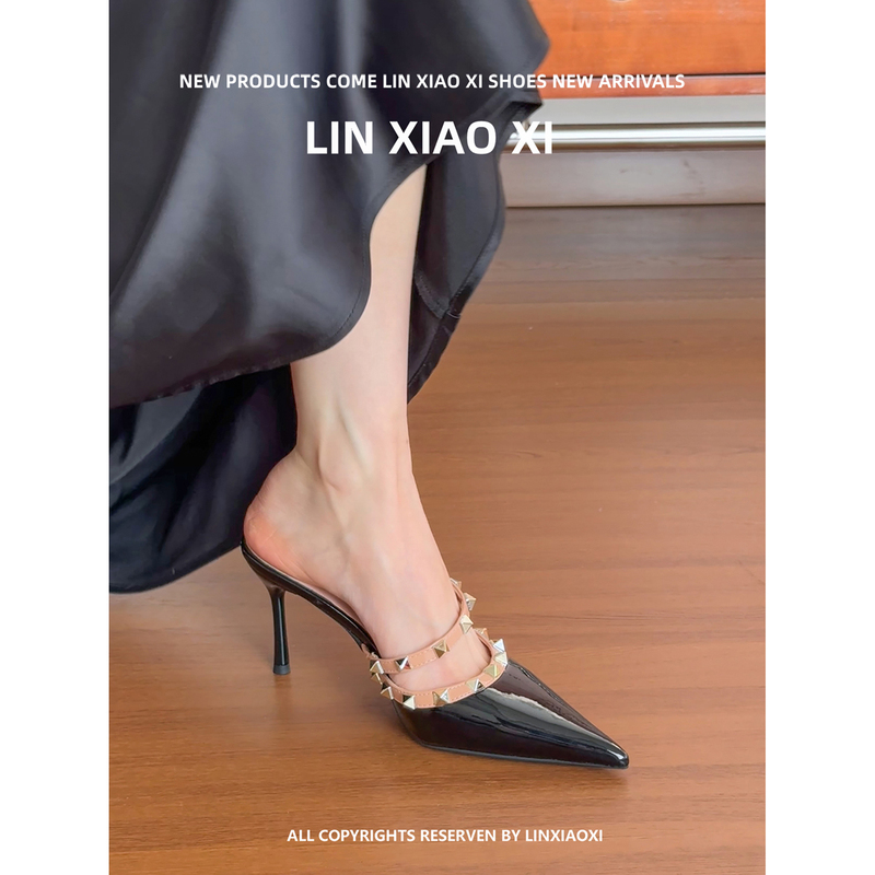 Spring and Summer New Style French-Style Stunning Black Studded High-Heeled Shoes for Women, Stiletto Pointed Toe Sexy One-Strap Closed-Toe Sandals