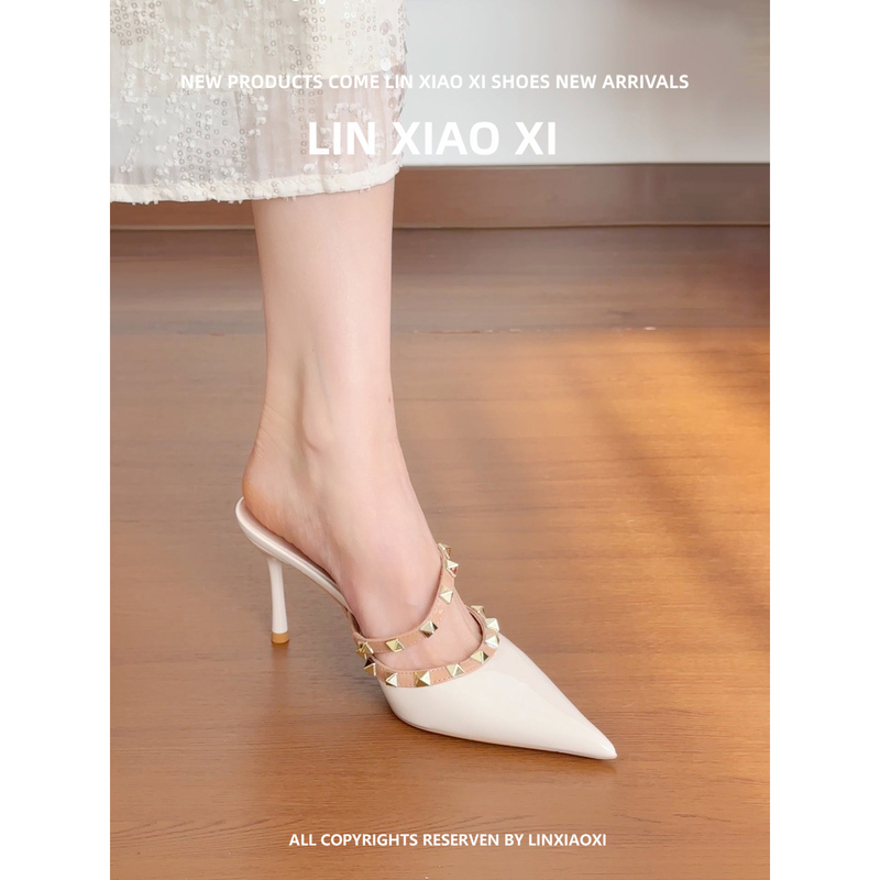 French-Style Stunning White Studded High Heels for Women, Pointed Toe, Stiletto Heel, Single Strap, Sexy and Elegant, Closed-Toe Sandals, Summer Slippers