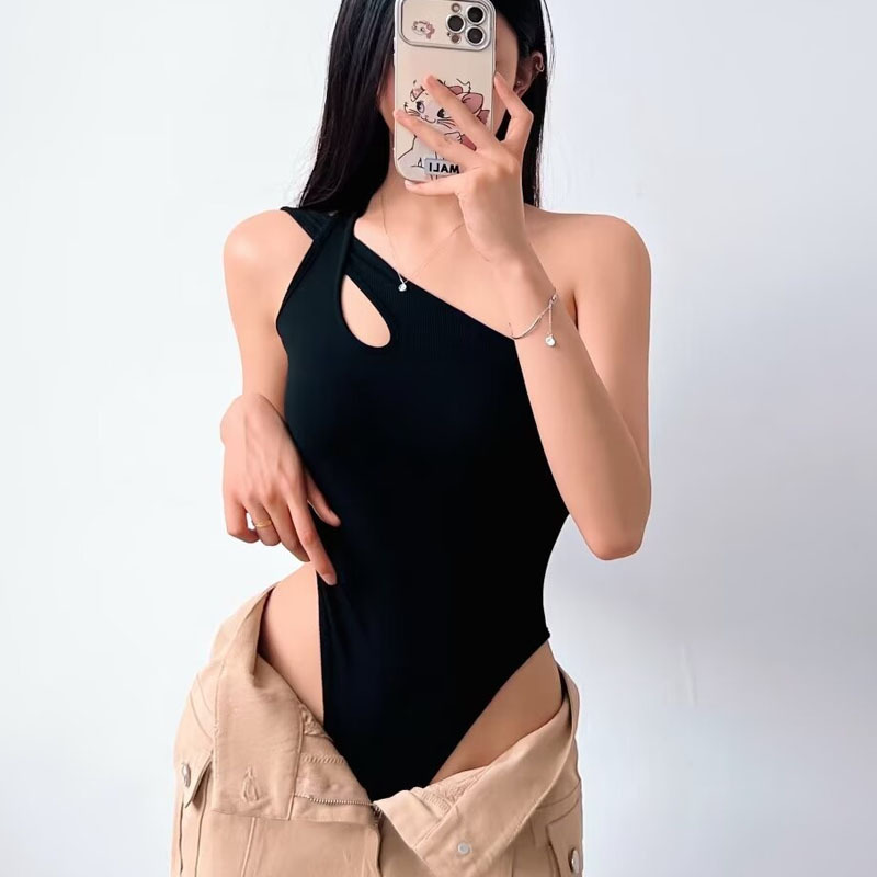 European and American Style One-Shoulder Jumpsuit for Women, Summer Hot Girl Outfit, Irregular Backless Sexy Crotchless Top