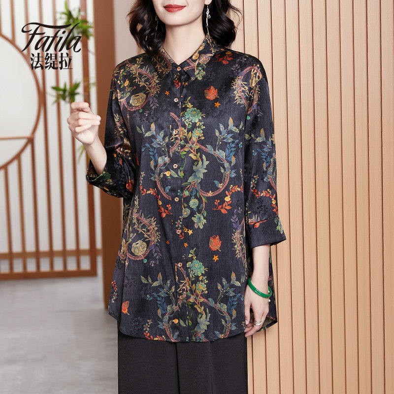 Middle-aged mother silk shirt woman long sleeve new loose printed satin sauna silk topper