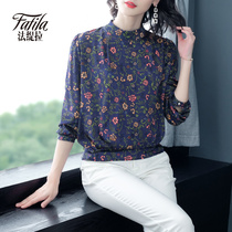 Retro Hong Kong flavor printed stand neck heavy weight silk shirt women long sleeve 2019 new autumn satin mulberry silk top