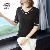V neck black heavy weight silk T-shirt female summer short sleeve loose size knitted mulberry silk top Wild 2020 New