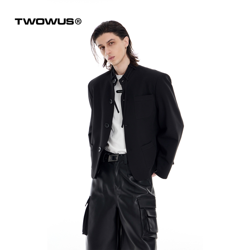 Twowus26Ss Original Niche Drawstring Collar Design Suit Jacket for Men, Black with Shoulder Pads, Versatile Casual Short Jacket