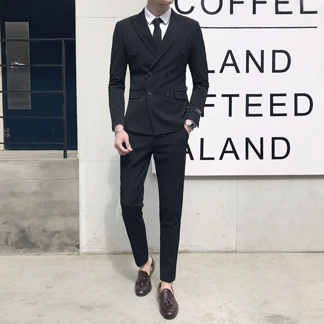 Men's striped high-end suit suit double-breasted slim casual British formal small suit men's wedding dress