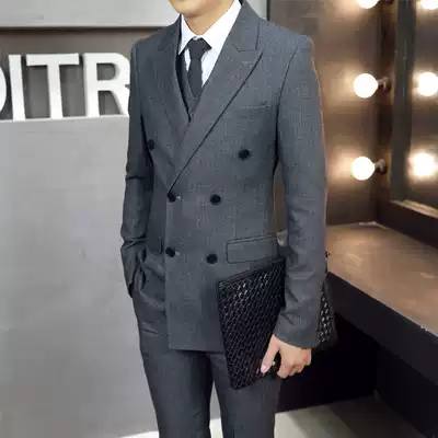 Korean version of the suit men's three-piece double-breasted slim-fit professional business formal striped British retro suit men's suit