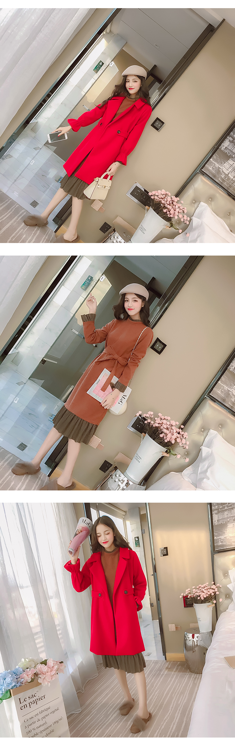Phần dài len váy nữ Hàn Quốc phiên bản 2018 mùa thu và mùa đông mới dài tay trumpet tay áo Một từ cơ sở váy đầm suông chữ a