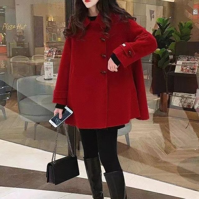 Black horn button high-end coat for women mid-length 2023 new Korean version loose cloak woolen coat for small people