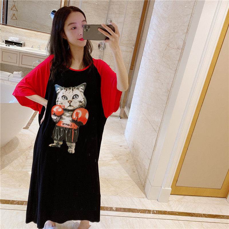Korean version of the long section over the knee nightdress female summer sweet cat thin section modal home service large size fat mm200 catties