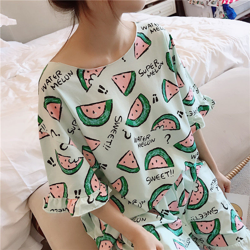 Summer short-sleeved pajamas women's thin cotton watermelon printed home service loose large size fat sister 200 catties suit