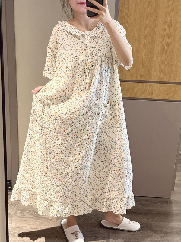Summer Short-Sleeved Nightgown for Women, Small Floral Pattern, Double-Layer Breathable Gauze Cotton Pajamas, Plus Size for Fat Women, 100kg Loungewear