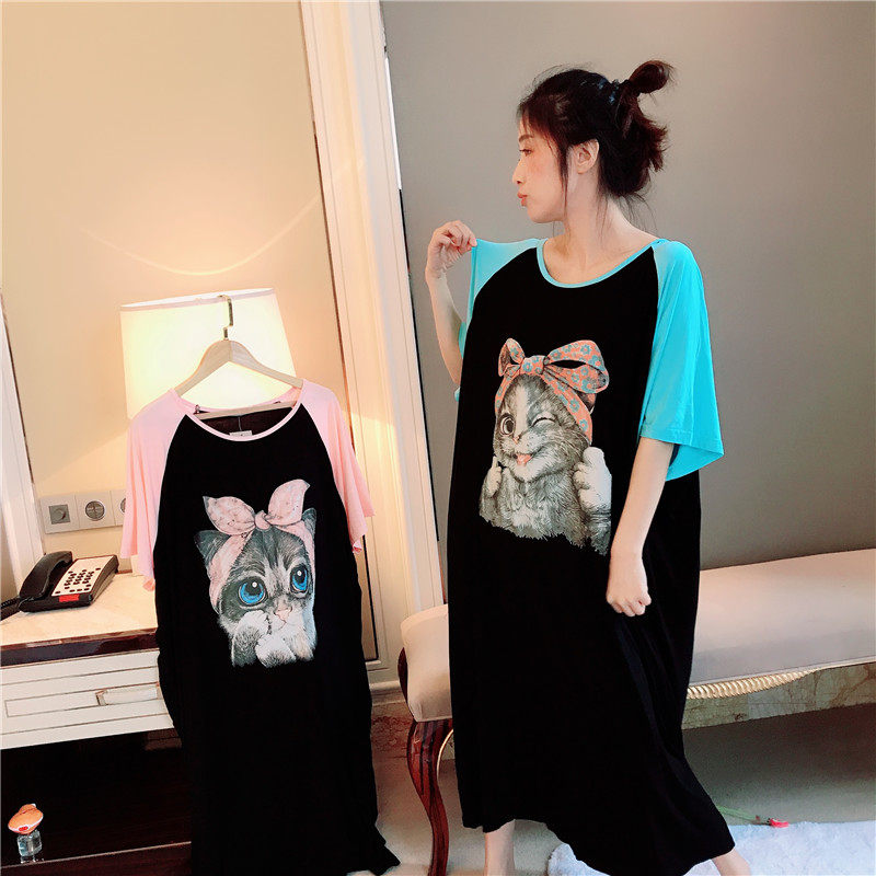 Sweet short-sleeved nightdress thin section modal cotton color matching cute cat pajamas female fat mm200 catties home service