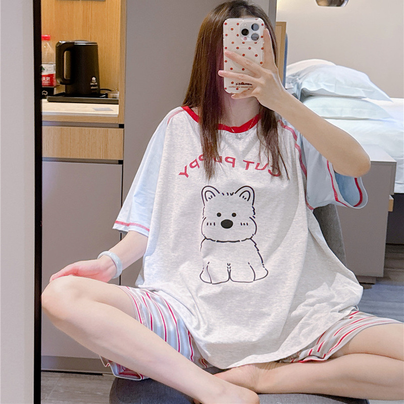 Short-Sleeved Pajamas for Women, Summer, Sweet and Cute, Puppy-Themed Loungewear, Plus Size, Slimming Striped Shorts Set