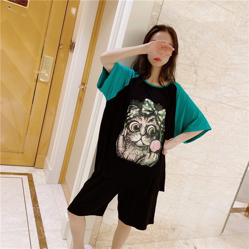 Summer short-sleeved shorts pajamas women's thin section modal cat home service loose large size fat mm200 catties suit