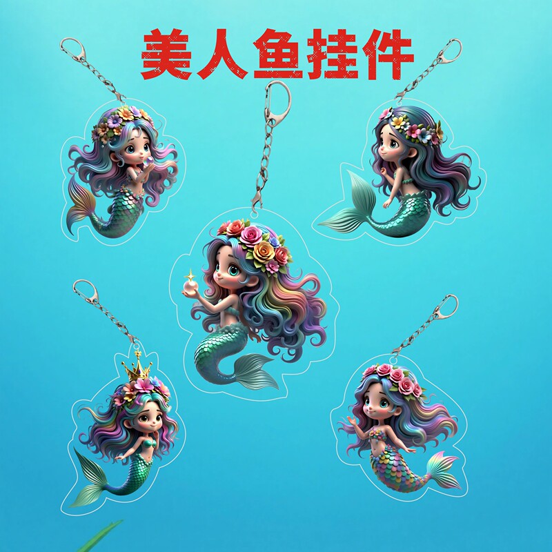 Cartoon Girl Mermaid School Bag Pendant Flat Creative Acrylic Keychain Mermaid Princess Exquisite Decoration