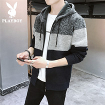 Playboy winter sweater mens coat trend top velvet thick knitted cardigan early winter and autumn clothes