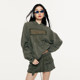 EhK original design military green embroidered raw edge loose hooded American sweatshirt short skirt two-piece set for women spring