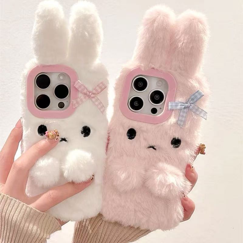 Stuffed Bunny Ears Phone Case Suitable for Apple 17Promax iPhone 16 /15/14/13/12/11Promax Protective Cover Xsmax/Xr Girl 7/8Plus Full Protection Anti-Drop for Women