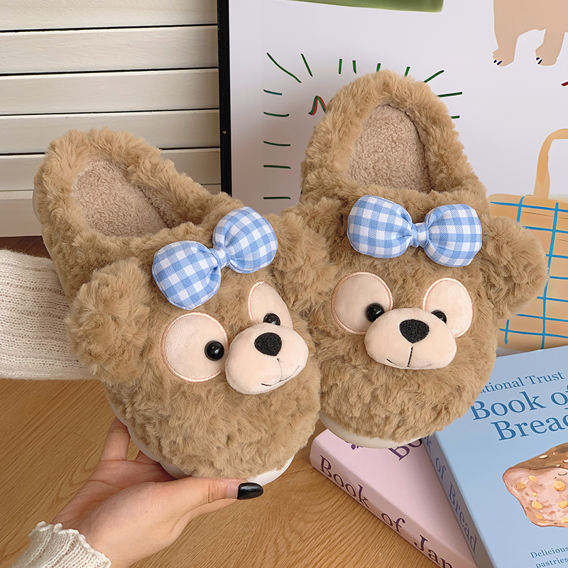 Trendy Cute Bear Cotton Slippers for Women, Winter Outdoor Wear, Non-Slip Thick-Soled, Home Plush-Lined, Warm Cotton Shoes with Heel Cover, Swing