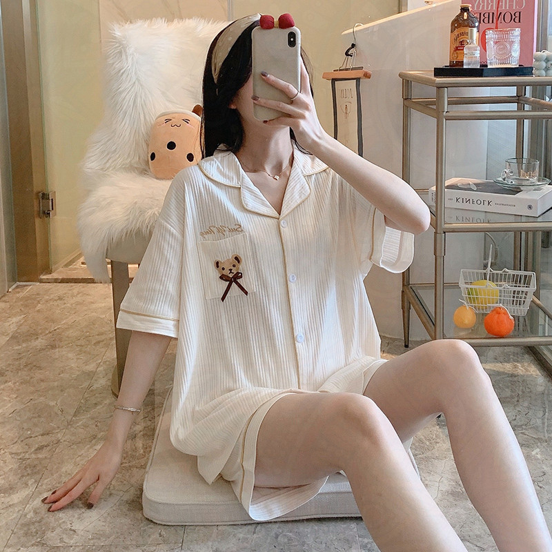 Cotton pajamas women's 2022 new summer large size thin short-sleeved Korean cardigan home clothes women's two-piece suit