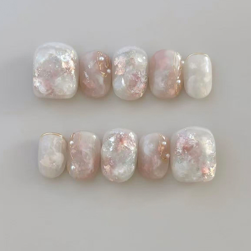 Peach Crystal ins Short Style Milky White Cloud Gradient Three-Dimensional Shape Pink Opal Sparkling Crushed Diamond Handmade Press-On Nails Peach Crystal ins Short Style Milky White Cloud Gradient Three-Dimensional Shape Pink Opal Sparkling Crushed Diamond Handmade Press-On Nails