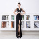 Sexy evening dress high-end light luxury niche low-cut temperament celebrity party dress short-sleeved long black slimming