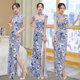 Blue and white porcelain improved cheongsam long section comfortable color retro dress skirt new slit sexy dress banquet women