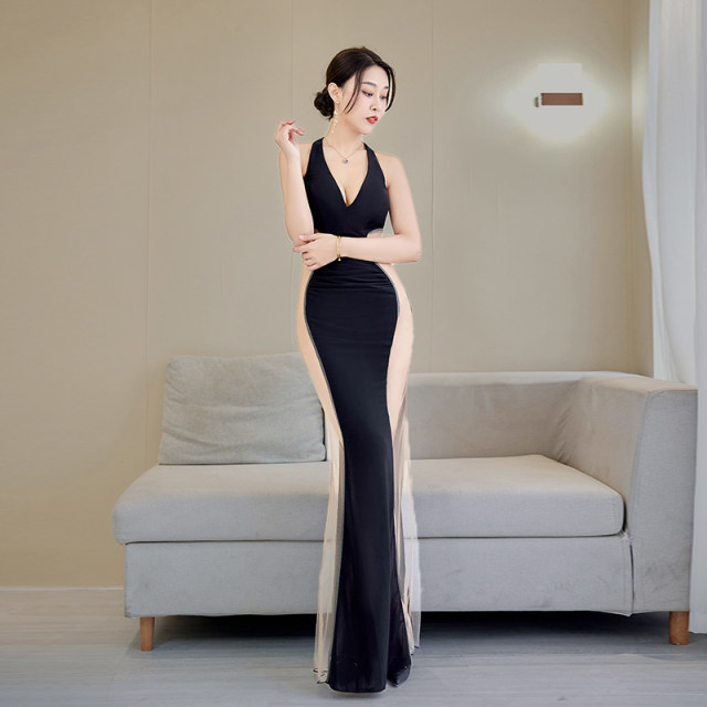 Nightclub Sexy Dress Transparent Long Skirt Sleeveless Mermaid Evening Dress Night Club Women's Wear Foot Bath Technician Overalls