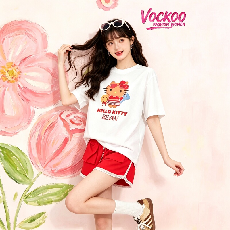 Same Style as in the Mall 26 Summer Vockoo Versatile Kitty Cat Summer Lazy Loose Glitter Print T-Shirt 31001215t