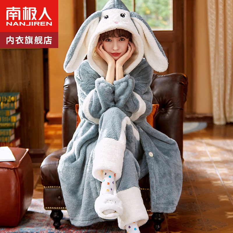 Coral Suede Pajamas Woman Autumn Winter Plus Suede Thickened Flannel Sleeping Gown Home Suit Suit 2023 New Extras-Taobao