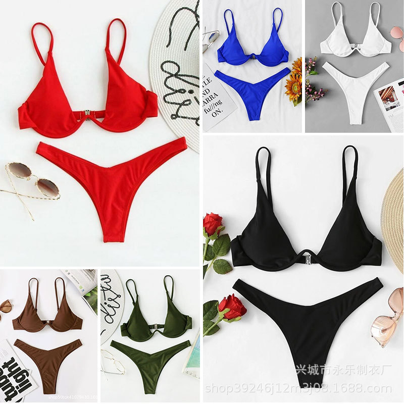 2026 Foreign Trade European and American Style Bikini with Underwire, Push-Up, Solid Color, Amazon Women's Two-Piece Swimsuit, Swimwear, Bikini