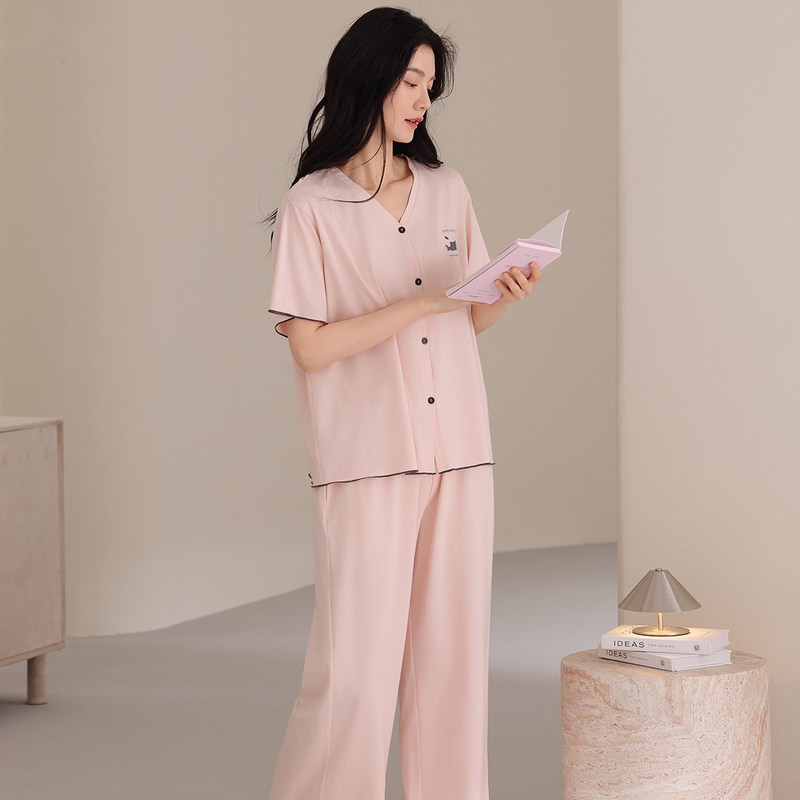 High-End 2026 New Trendy Hot-Selling Women's Pajamas Summer Pure Cotton Short-Sleeve Long-Pants Loungewear Set