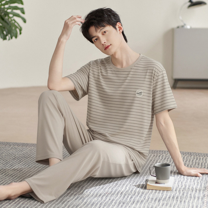 High-End Brand Men's Pajamas, Men's Summer Pure Cotton Short-Sleeved Long Pants, Modal Summer Casual Home Wear Set