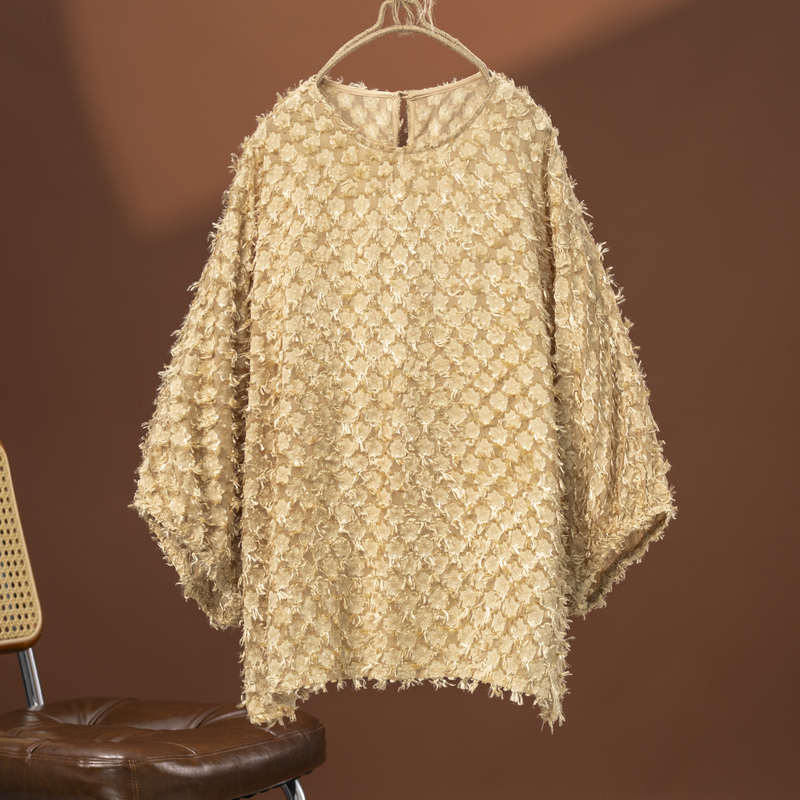 Unique Design Round Neck Batwing Sleeve Top Made of Mulberry Silk, Loose and Soft Solid Color Pullover Shirt for Women