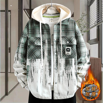 2025 Winter Plaid Print Hooded Fleece-Lined Denim Jacket for Men, Teenagers, and Middle School Students, Casual and Stylish Coat