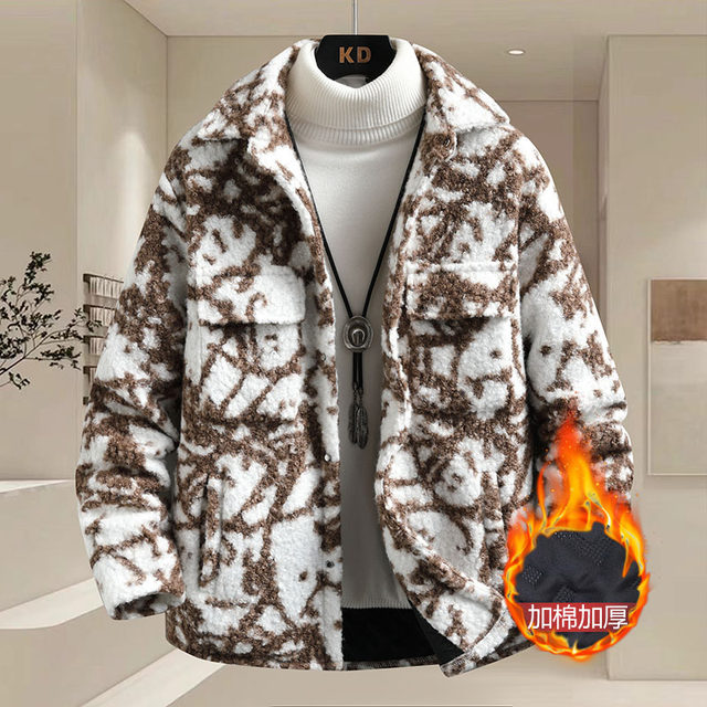 Autumn and winter lapel plaid circling woolen and cotton thickened jacket men's youth slim and warm cotton coat trend