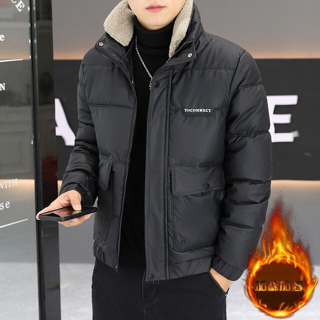 Winter stand collar lamb fur collar short leather cotton coat for men's youth slim fit thickened warm and handsome cotton coat