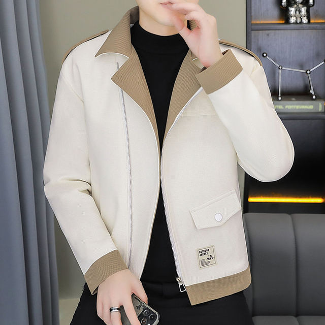 2025 Autumn New Style Lapel Color-Block Diagonal Zipper Waffle Jacket Men's Youth Slim Fit Versatile Coat