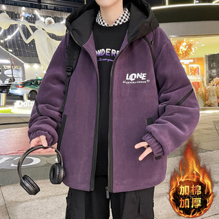 New winter hooded purple cotton thickened ollie velvet jacket jacket for boys, teenagers and middle school students warm cotton coat