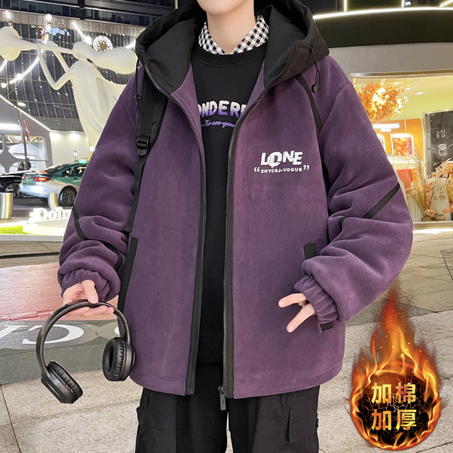 New winter hooded purple cotton thickened Ollie velvet jacket jacket for boys, teenagers and middle school students warm cotton coat