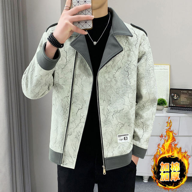 Autumn and winter lapel diagonal zipper short cotton thickened jacket men's youth slim warm outer coat