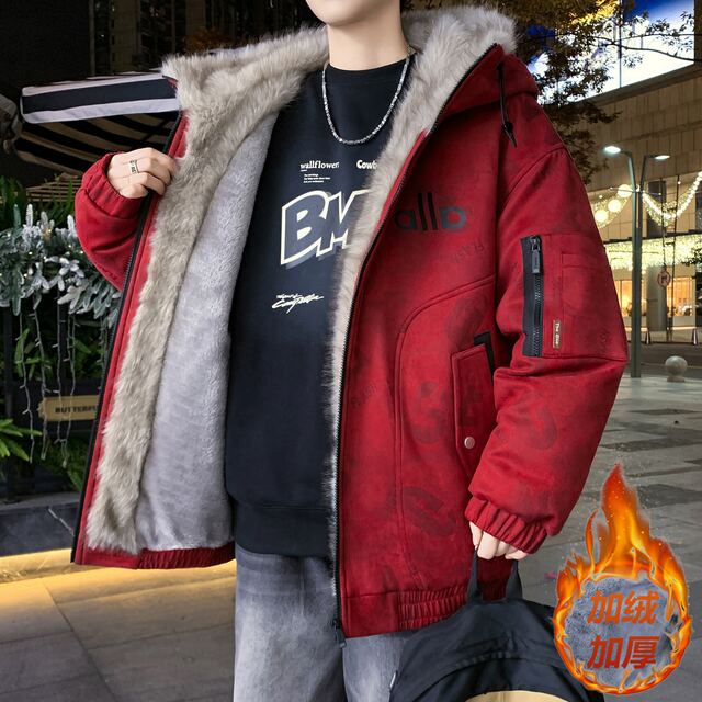 Winter New Hooded Red New Year Fleece-Lined Thickened Jacket for Men, Young Students, Parka Style