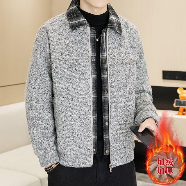 Winter short lapel splicing fake two-piece velvet thickened snow tweed jacket coat men's youth handsome coat