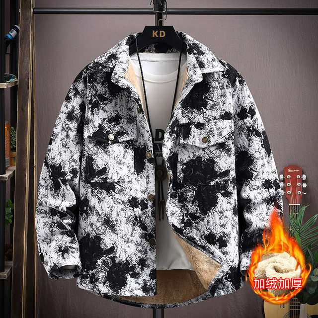 Autumn and Winter Lapel Woven Trendy Brand Fleece-Lined Thickened Shirt Jacket for Young Men, Loose, Warm, and Stylish