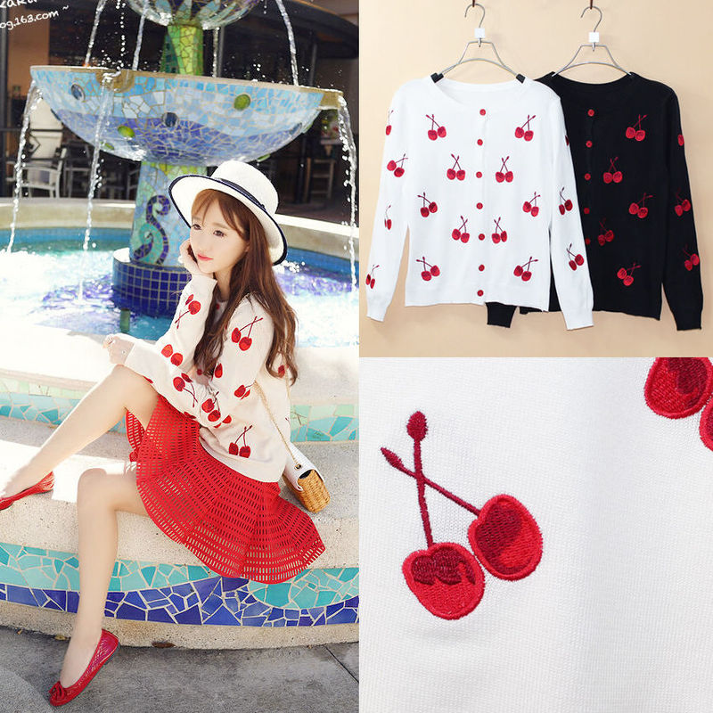 Daily Special: New Spring and Autumn Cherry Embroidery Round Neck Long Sleeve Plus Size Women's Knit Cardigan Jacket
