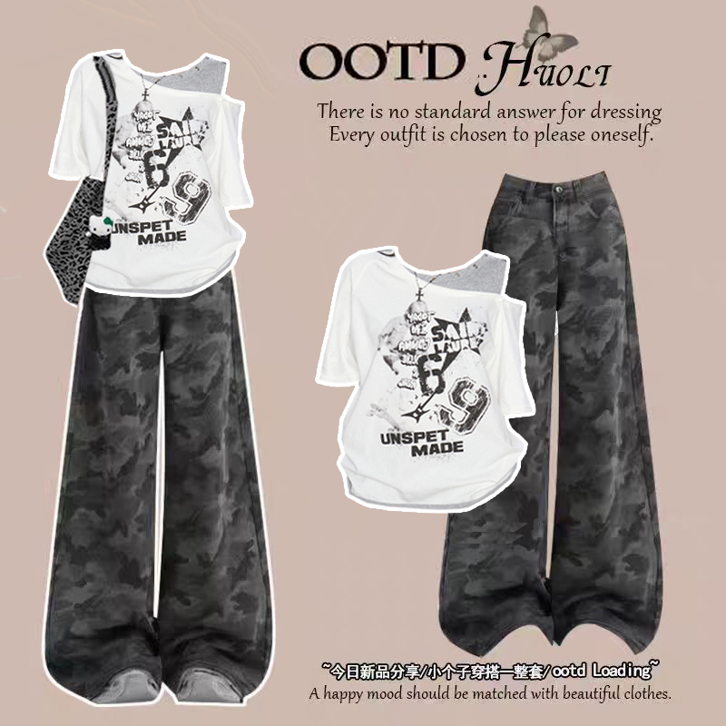 Summer Trendy American-Style Cool Girl Outfit, Shoulder-Baring T-Shirt and Pants Two-Piece Set for Teenage Girls Summer Trendy American-Style Cool Girl Outfit, Shoulder-Baring T-Shirt and Pants Two-Piece Set for Teenage Girls