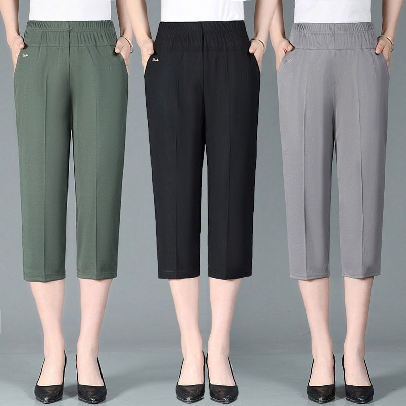 New Summer Mom's Pants, Casual Pants, Thin High-Waisted Mid-Length Pants, Middle-Aged and Elderly Women's Pants, Solid Color Three-Quarter Pants