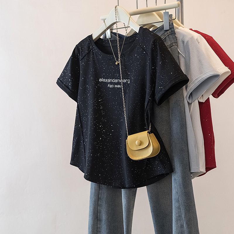Plus Size Sequin Letter Short-Sleeve T-Shirt for Summer, Loose Fit, Slimming, Covers Body Fat, Irregular Hem, Base Shirt Top