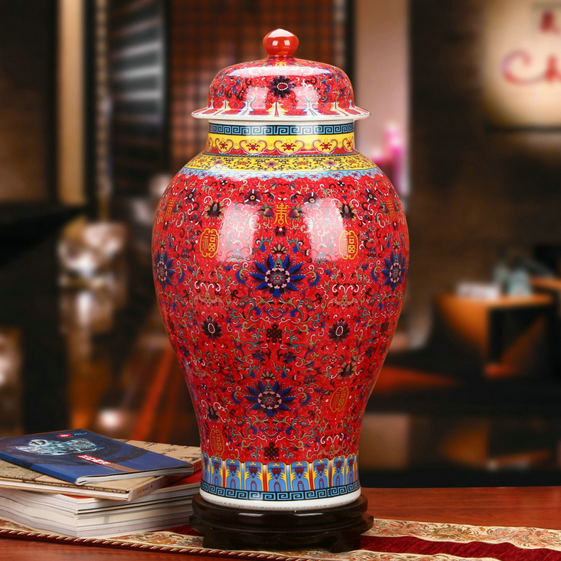 Jingdezhen ceramics colored enamel porcelain Chinese red live general pot vase classical Chinese style household furnishing articles