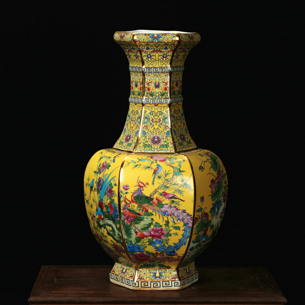 Jingdezhen ceramics enamel vase of flowers and birds painting gold phoenix six sides vase classical collection of home decoration