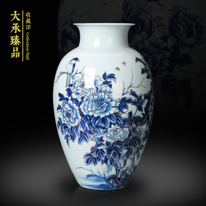 Hand - made famous works of Chinese peony riches and honour mattress in a collection of blue and white porcelain craft vase furnishing articles ornaments